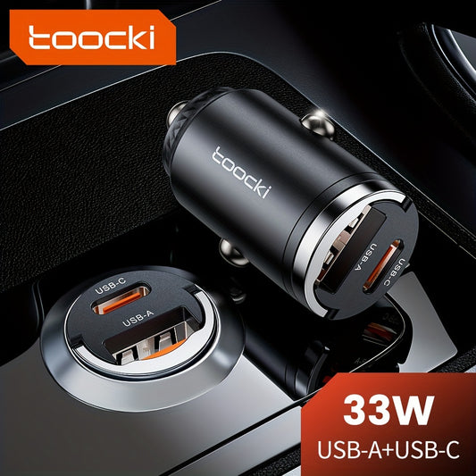 Toocki 33W Car Charger with USB-A+USB-C Dual Output, PD/QC3.0 support. Compact, portable, stable current and voltage for various devices.