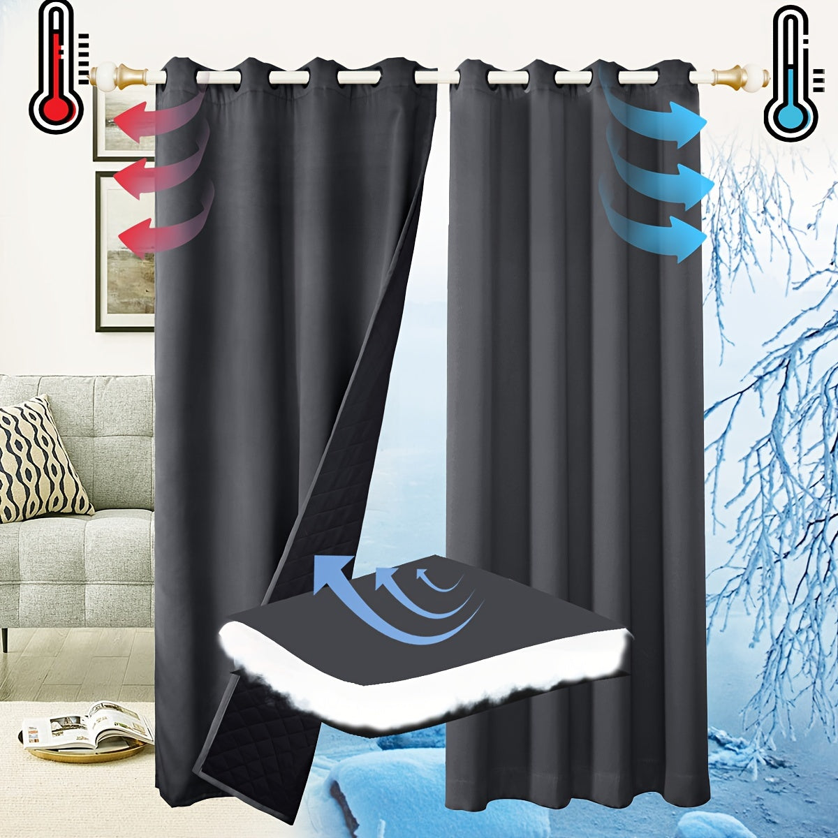 Blackout Curtain with Grommet Top, Made of 100% Polyester for All-Season Privacy. Features 3-Layer Thermal Insulation, Windproof and Cold-Proof. Perfect for Bedroom, Living Room, or Basement. Contemporary Pastoral Theme, Uncorded and Woven, Weighs 440G.