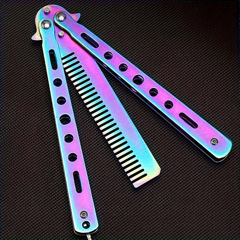 Fine toothed stainless steel Butterfly Blade Comb with metal handle for regular hairstyle and finger dexterity practice. Foldable, portable, and durable, suitable for outdoor camping.