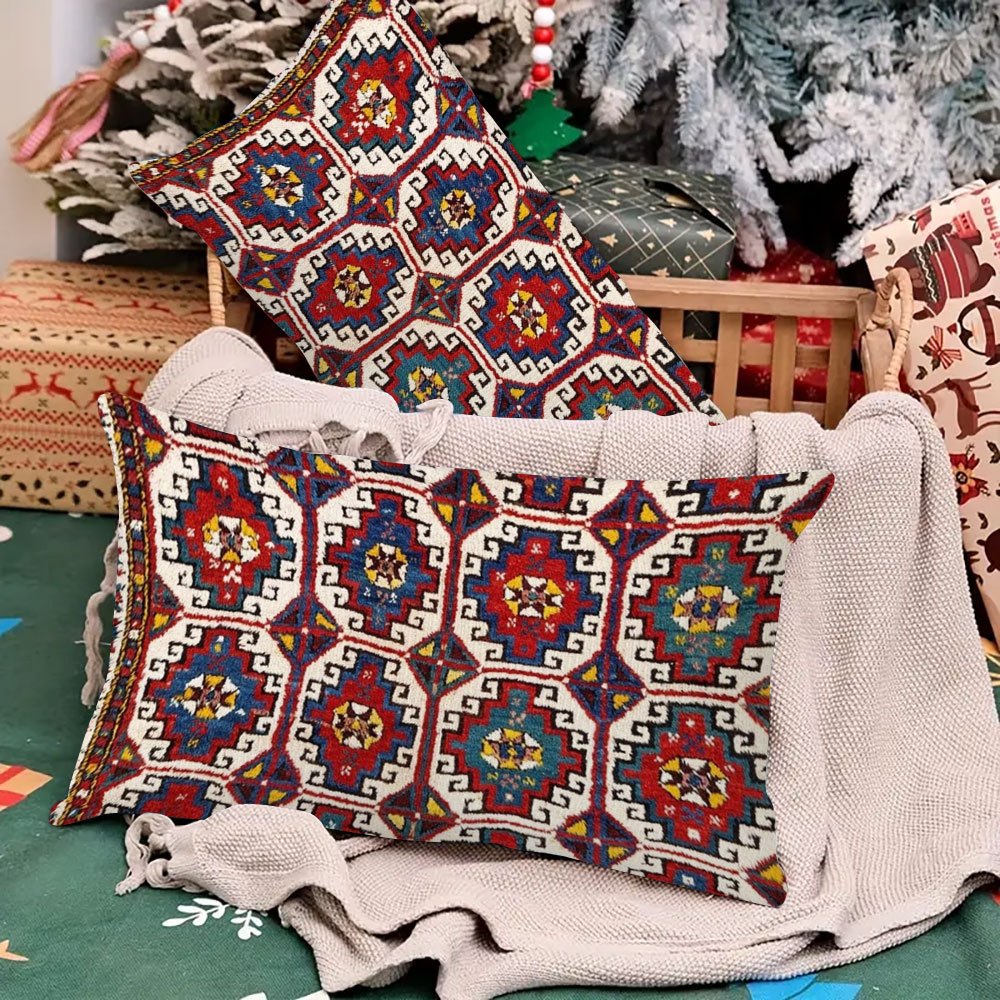 Two pieces of Bergama Northwest Anatolian Village print rectangular pillow covers, made of soft and durable polyester material. These two-sided covers measure 50.8x30.48 cm and are perfect for decorating your home, office, or for travel. Their