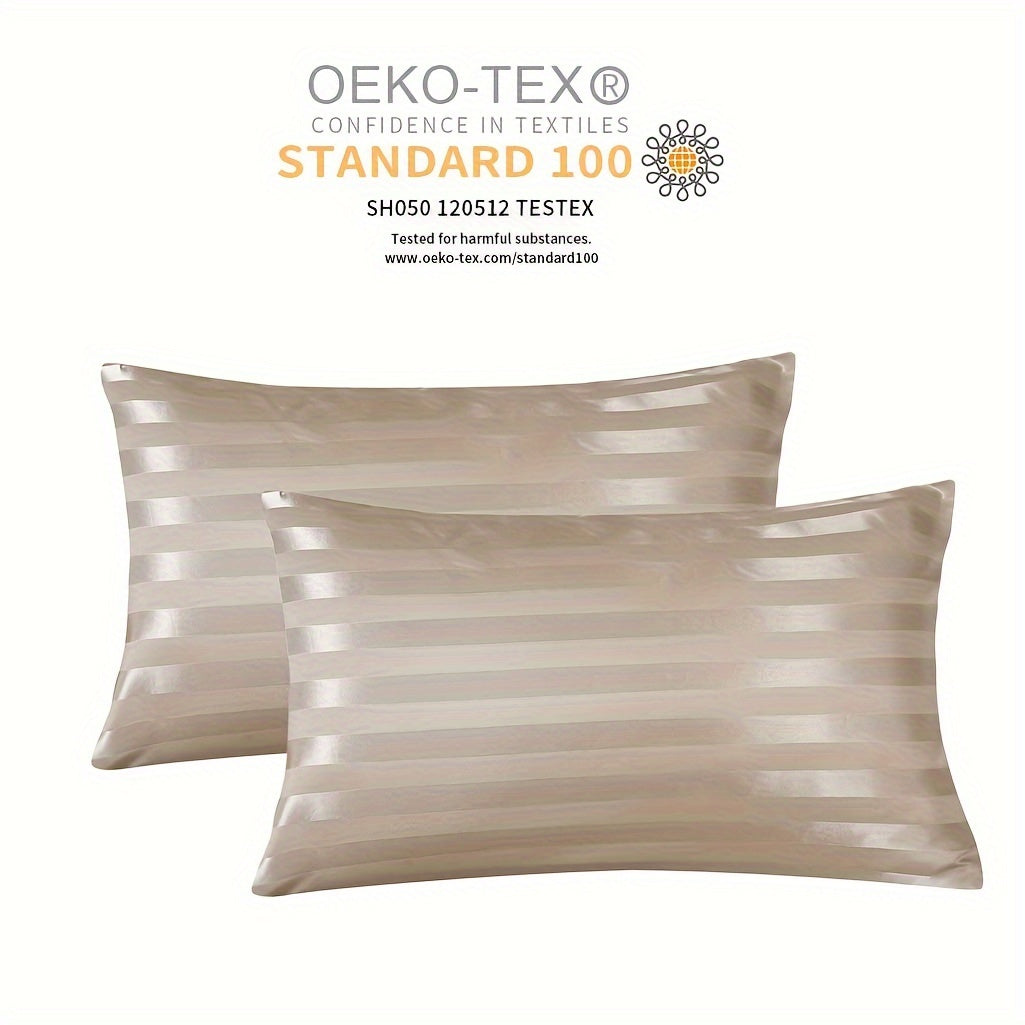 Set of 2 Satin Pillowcases with Envelope Closure, Striped Pattern, Machine Washable, Ultra-Soft Woven Fabric for Hair & Skin, Hotel Quality - 100% Polyester Pillow Covers with No Embellishment