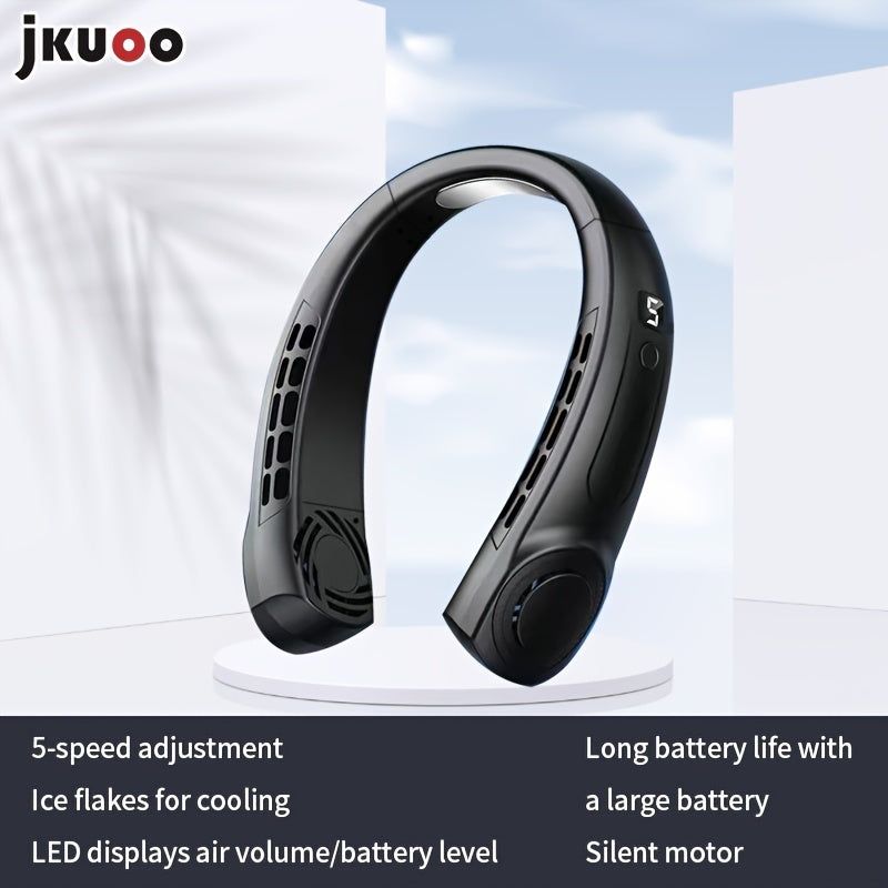 Stay cool on-the-go with the JKUOO Portable Neck Fan! This mini fan features a noise reduction system and is USB rechargeable for convenient use. The hands-free design allows for personal cooling with button control. Made of durable plastic material