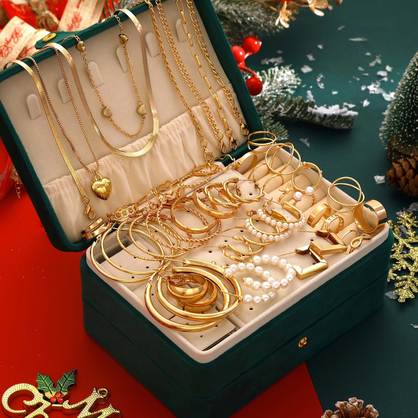 Luxurious 54-Piece Christmas Themed Jewelry Set - Made with High-Quality Zinc Alloy and Imitation Pearl Details, No Plating - Includes Fashionable Rings, Earrings, Heart Pendant Necklaces, and Bracelets for Women - Versatile Accessories Perfect for