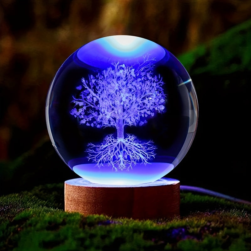 1 Tree of Life crystal ball night light, engraved with 3D glass plant design, perfect for gifts and home decor.