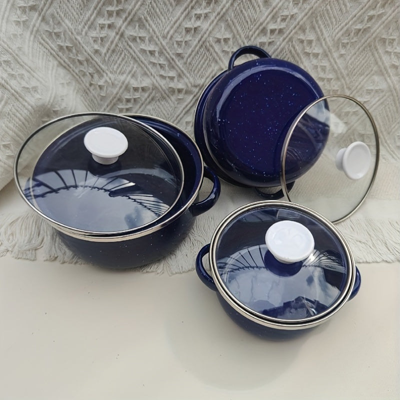 Enamel Pot Set includes three pieces with 12/14/16 cm mini pots in a solid color, speckled design - ideal for cooking delicious meals at home.