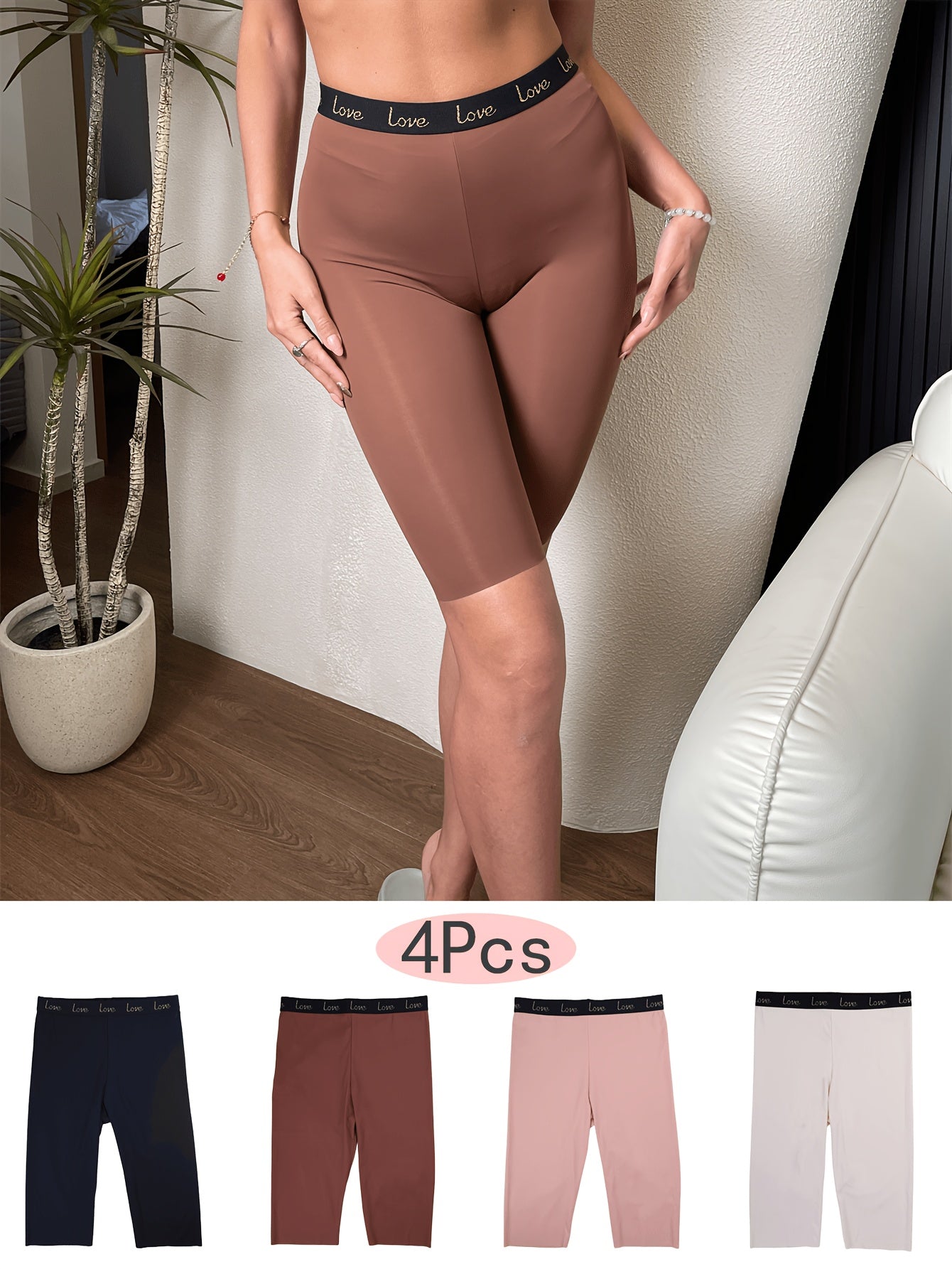 Four seamless shaping shorts for women with high support, stretch, comfort, and letter detail.