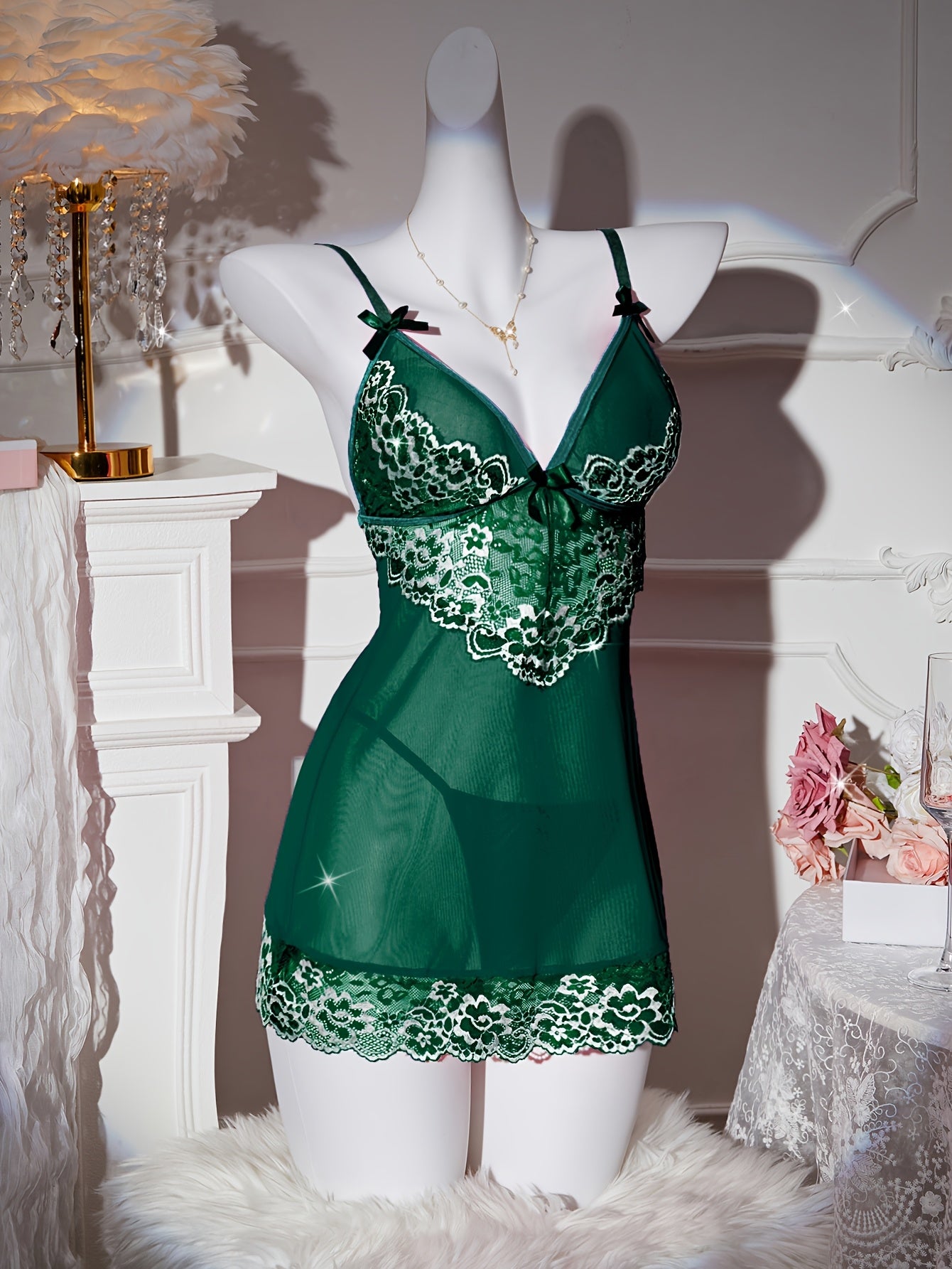 Set includes seductive pajama set with lace patchwork, V-neck nightgown, and thong.