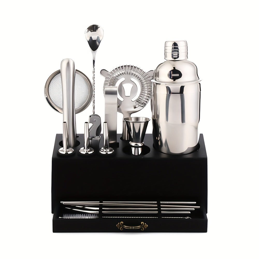 Essential Barware Tools Set - 18-Piece Stainless Steel Cocktail Shaker Set with Jigger, Pourer, Corkscrew, Muddler, Brush, Teardrop Bar Spoon, Garnish Tray, Straws - Complete Bartender Kit for Home, Bar, and Party Drink Mixing