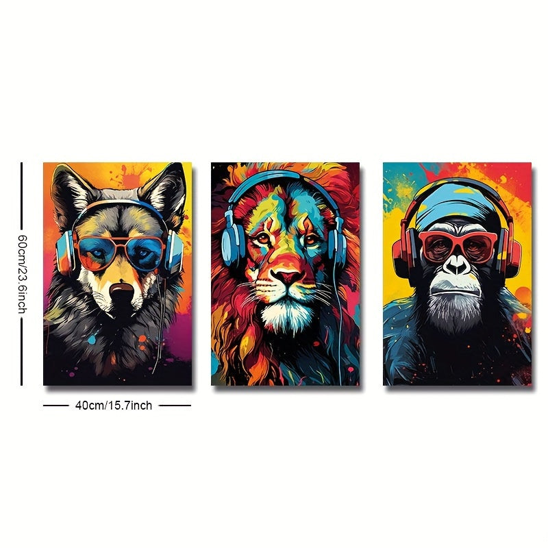 Canvas posters featuring modern art of animal earphones - tiger, wolf, and chimpanzees. Ideal for gifting or decorating bedrooms, living rooms, or corridors. No frame included.