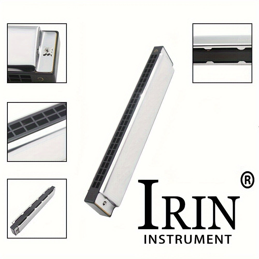 IRIN 24-hole harmonica in D/C key made of golden material, includes harmonica, case, and cloth.