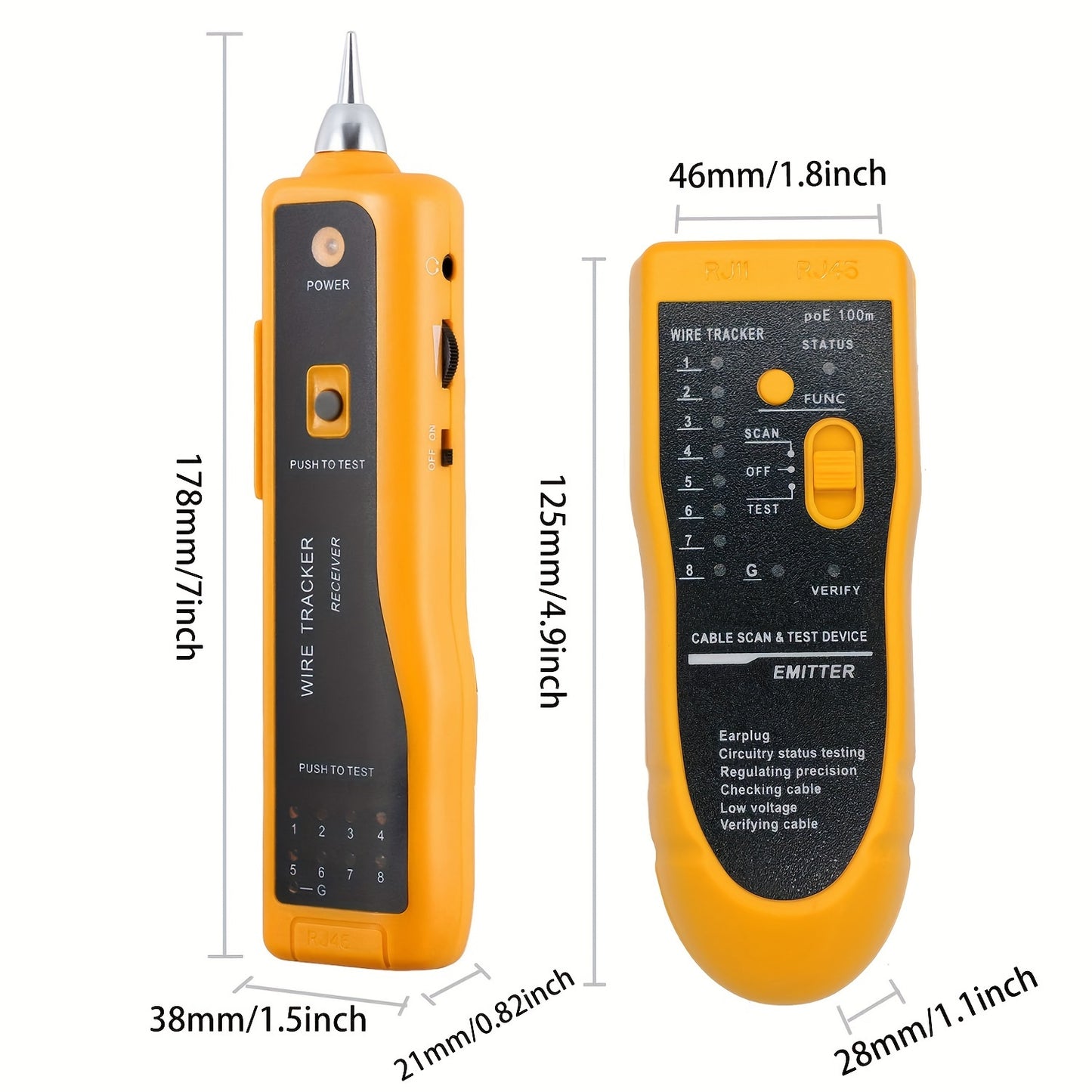 MythTiger Handheld Cable Tester for LAN, phone, internet, video, and data cables. Features automatic tone inspection, headset jack, and RJ45/RJ11 sockets. Battery powered (battery not