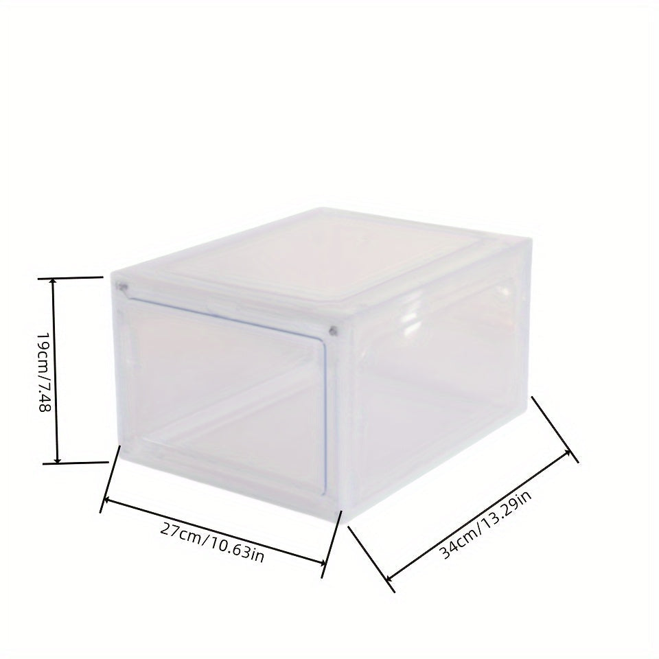 High quality shoe storage and organization for men and women with this transparent, foldable plastic shoes storage box. The magnetic closure keeps your shoes dustproof while the side opening door allows for easy access. Maximize closet space in your