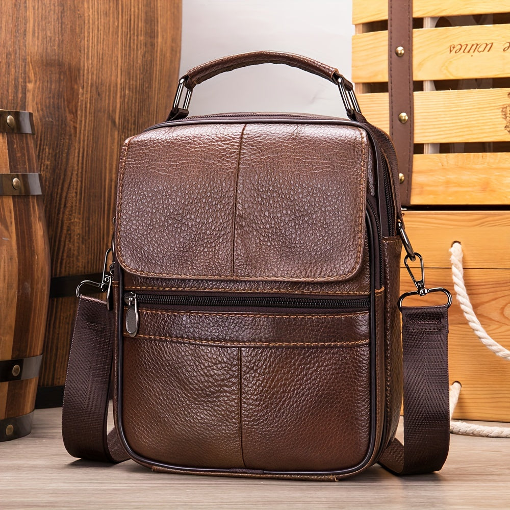 WESTAL Genuine Leather Messenger Bag in Black with Multiple Compartments, Adjustable Strap, and Zippers for Men's Daily Commute, Business, and Travel.