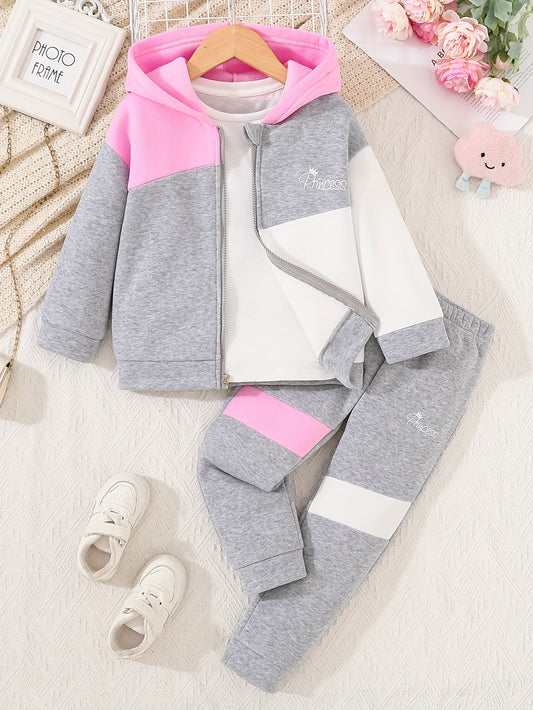 Girls' Colorblock Letter Print Hoodie & Joggers set. Long sleeve knit fabric. Perfect for Fall/Winter, outdoor activities.