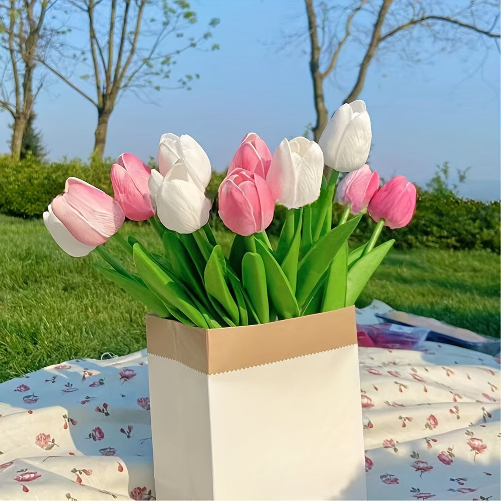 6 artificial tulips, perfect for home decor and tabletop display during anniversaries or in living rooms. Vase not included.