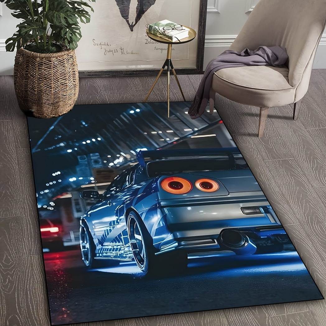 Soft Crystal Velvet Blue Sports Car Area Rug - Non-Slip, Machine Washable Polyester for Multiple Room Decor - Ideal for Teen Rooms & Dorms