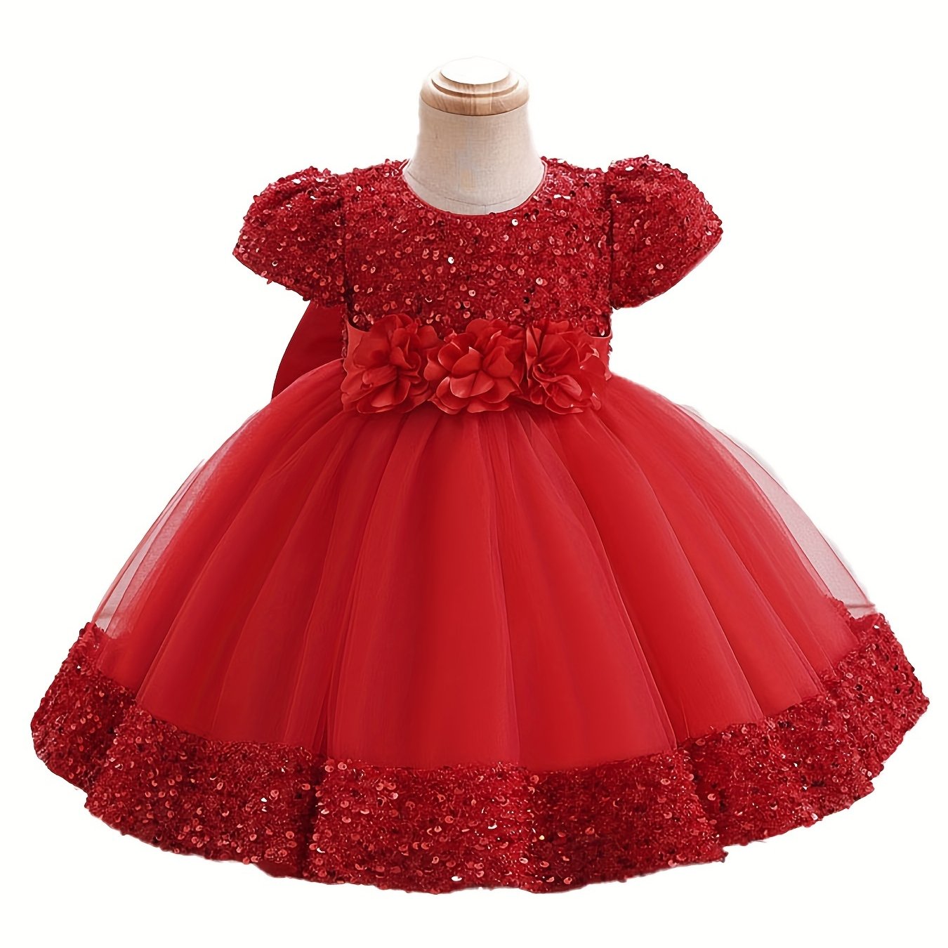 Glamorous red princess dress for girls with bohemian flair, sequin detail, short sleeves, and tulle overlay. Made from a blend of polyester and viscose, suitable for all seasons.