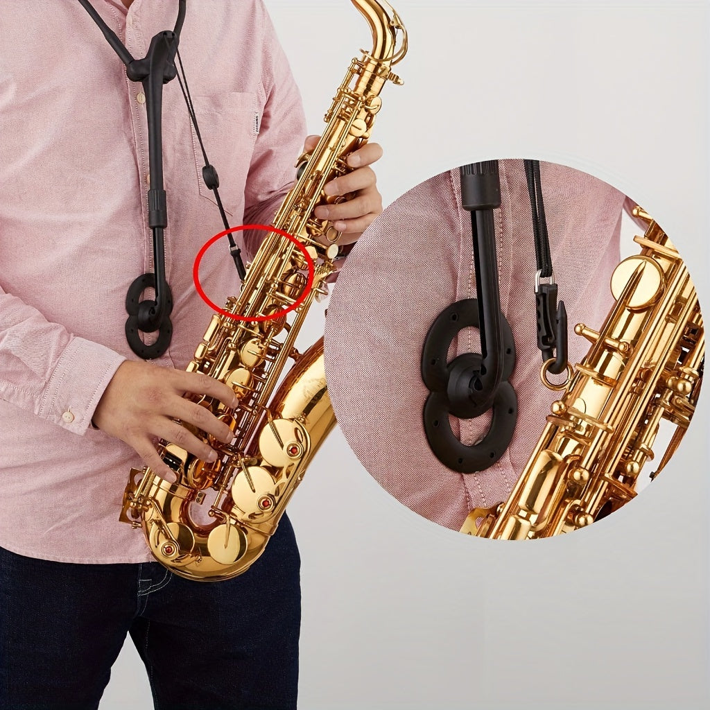 Black sax neck strap hook made of aluminum metal for comfortable shoulder harness on alto, tenor, and soprano saxophones.