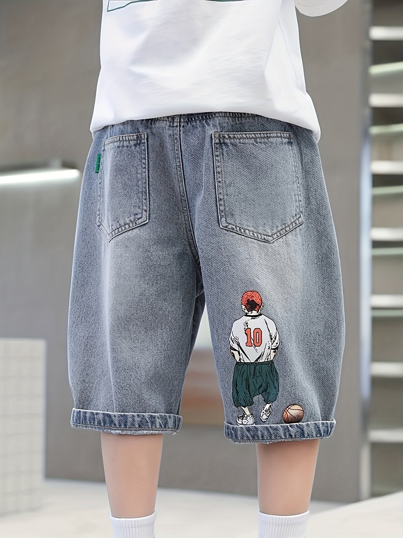 Boy's wide leg cropped jeans with cartoon graphics, loose and comfy for all seasons.