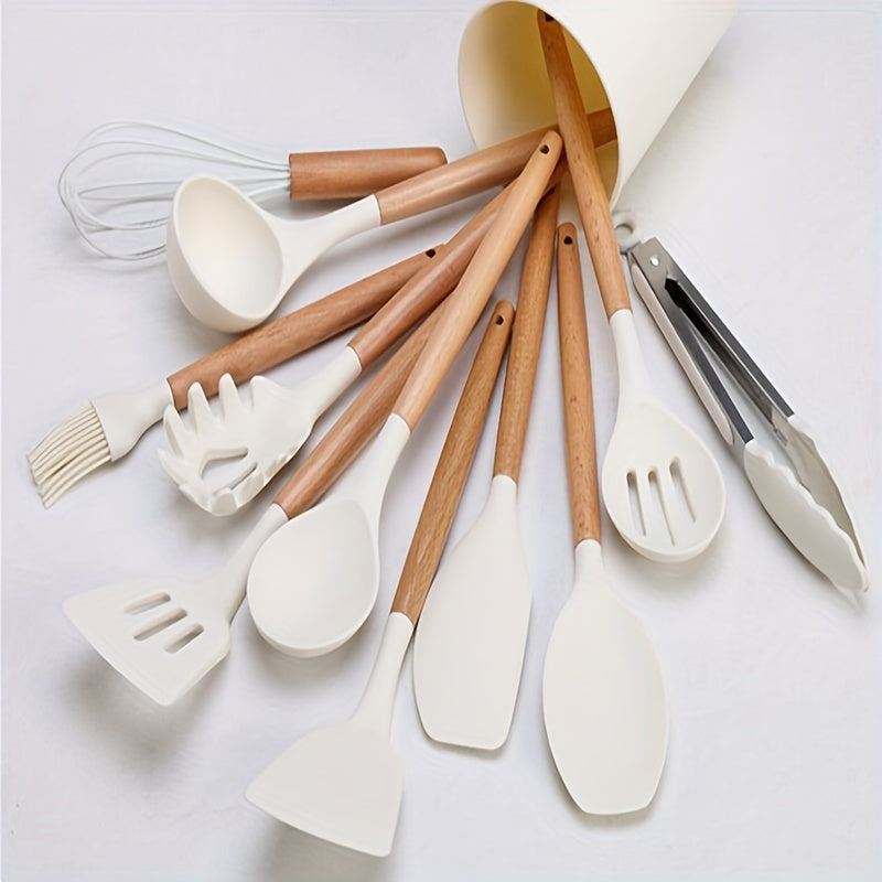 Complete your kitchen collection with the 43-piece Ultimate Kitchen Utensil Set. This set includes a variety of silicone and stainless steel cooking tools with stylish wooden handles, perfect for baking, grilling, and more. The set features spatulas