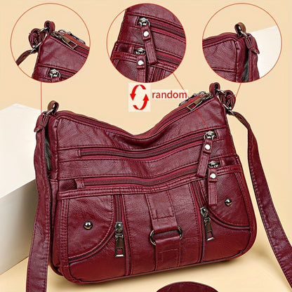 Women's synthetic leather crossbody bag with adjustable strap and anti-theft zipper closure. Large capacity with polyester lining, solid color, and multi-pocket design. Ideal for everyday