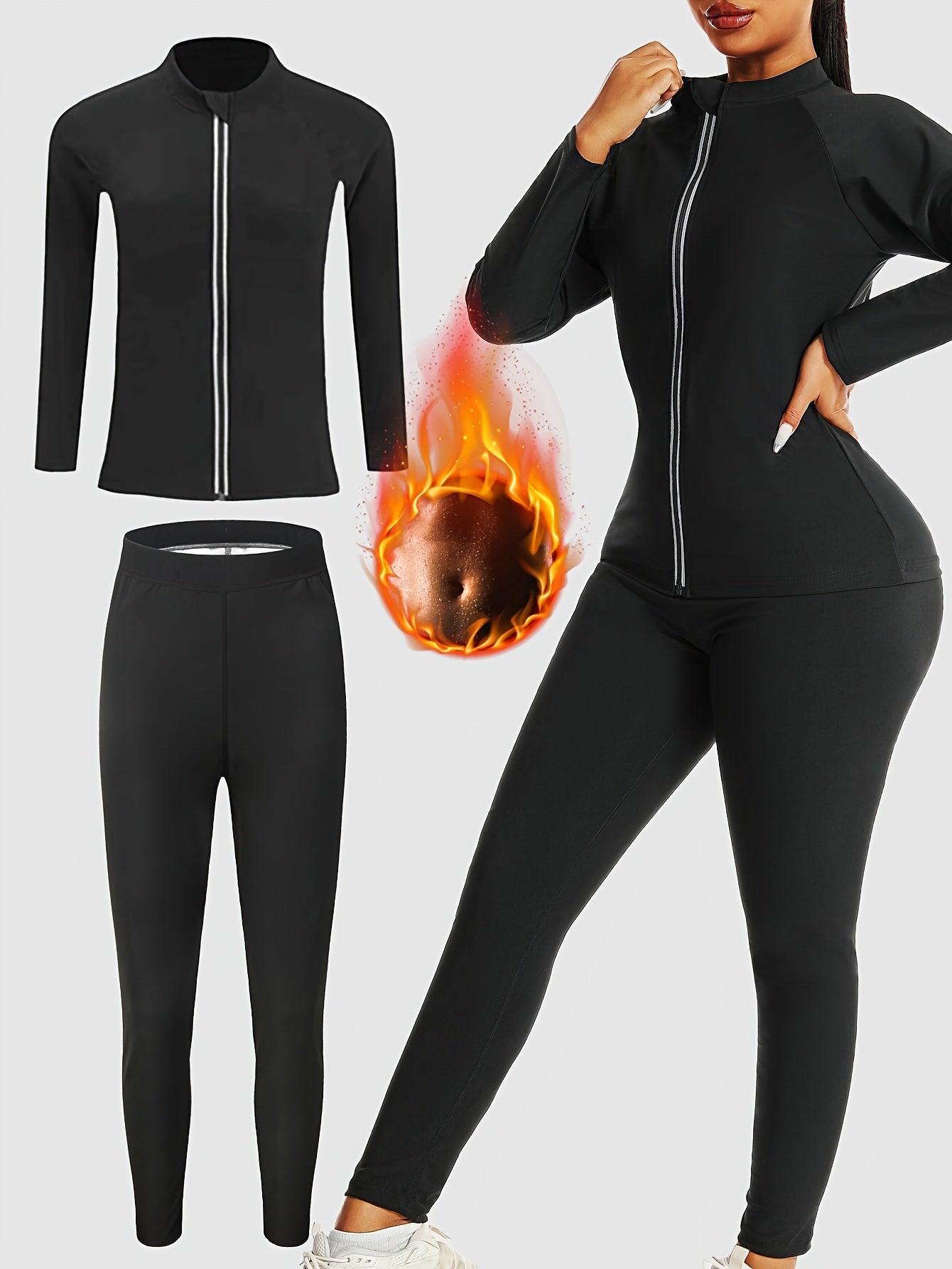 Women's sauna sweat suit set with long sleeve zip-up jacket and pants, high neck, stretchable fit, made of polyester spandex, machine washable. Ideal for enhanced sweating during yoga and