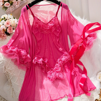 Sexy lace lingerie set with V-neck bodysuit and robe for women