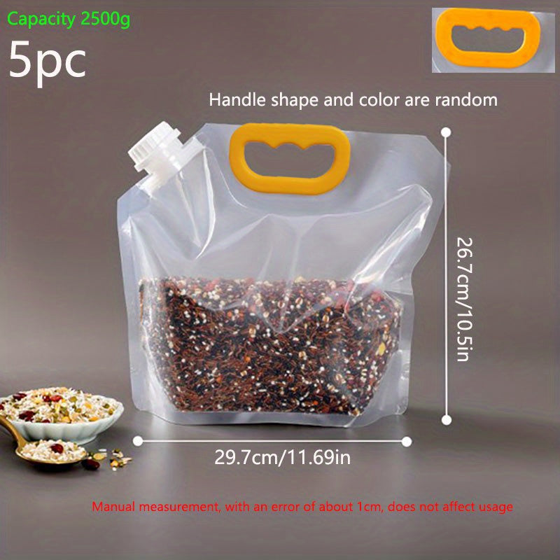 Set of 5 Reusable Food Storage Bags with Spouts - Designed for Leakproof, Moisture-Proof & Freshness Seal for Grains, Nuts, Snacks & More - Must-Have Kitchen Organizing Items