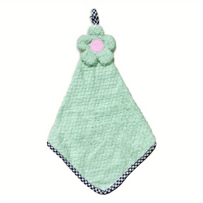 Decorative crochet flower hand towel made of absorbent microfiber with hanging loop. Perfect for kitchen or bathroom use in pink, mint green, white, or brown.