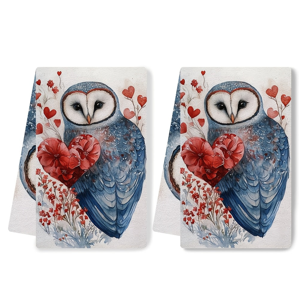 Valentine's Owl Design Kitchen Towels - Set of 2, Ultra Soft and Highly Absorbent, Machine Washable Dish Hand Towels, 40.64x60.96 cm - Ideal for Holiday Decor and Everyday Use in the Kitchen