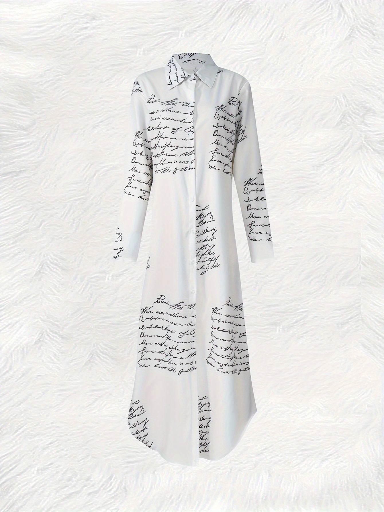 Maxi dress with letter print, button up front, and long sleeves for spring and fall vacation style.