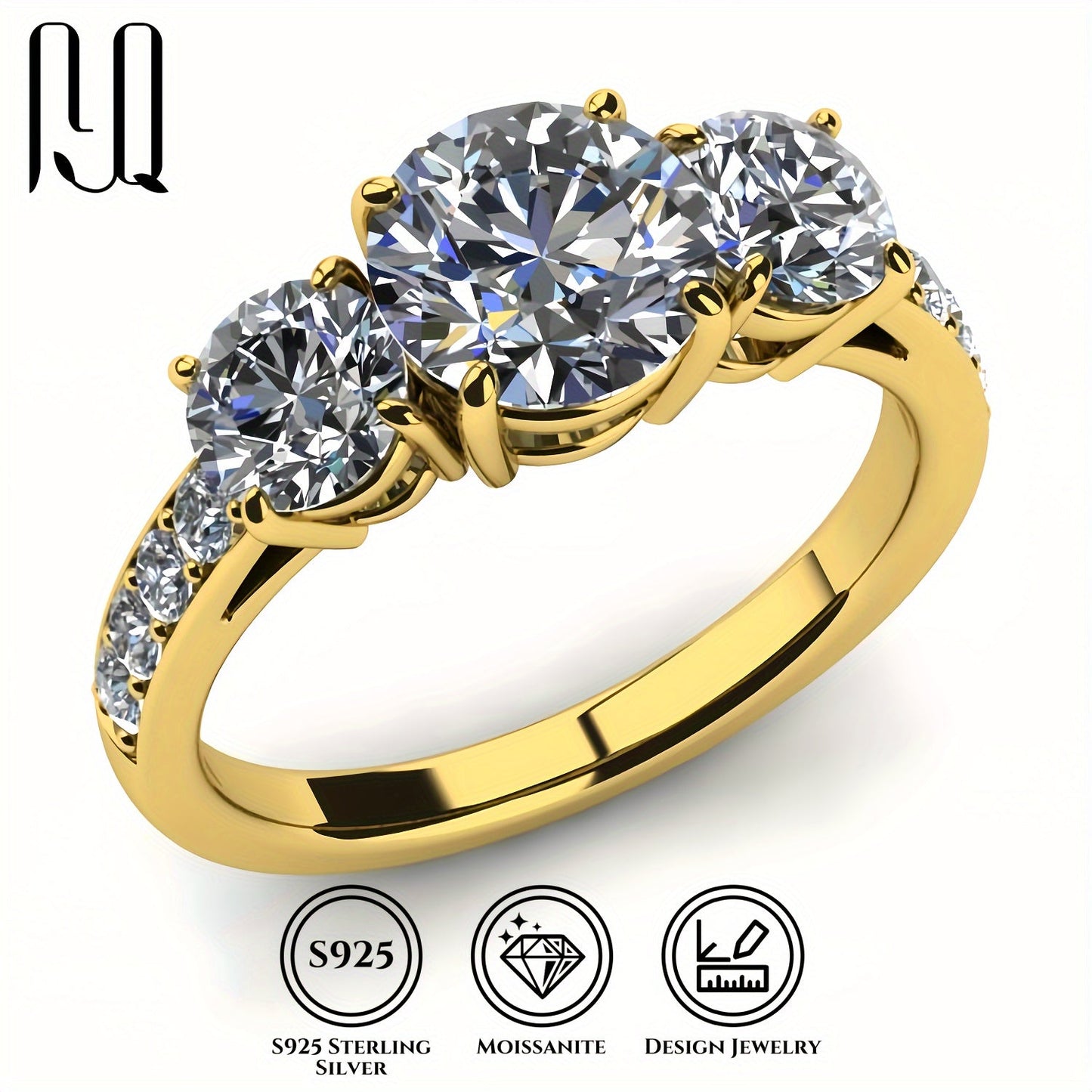 Elegantly designed, this stunning 3-stone Moissanite engagement ring is crafted from 925 Sterling Silver and is 18K Golden Plated. The centerpiece features a dazzling 3.6 Carat D-Color Round-Cut Moissanite, complemented by 0.24 Carat Side Stones. This