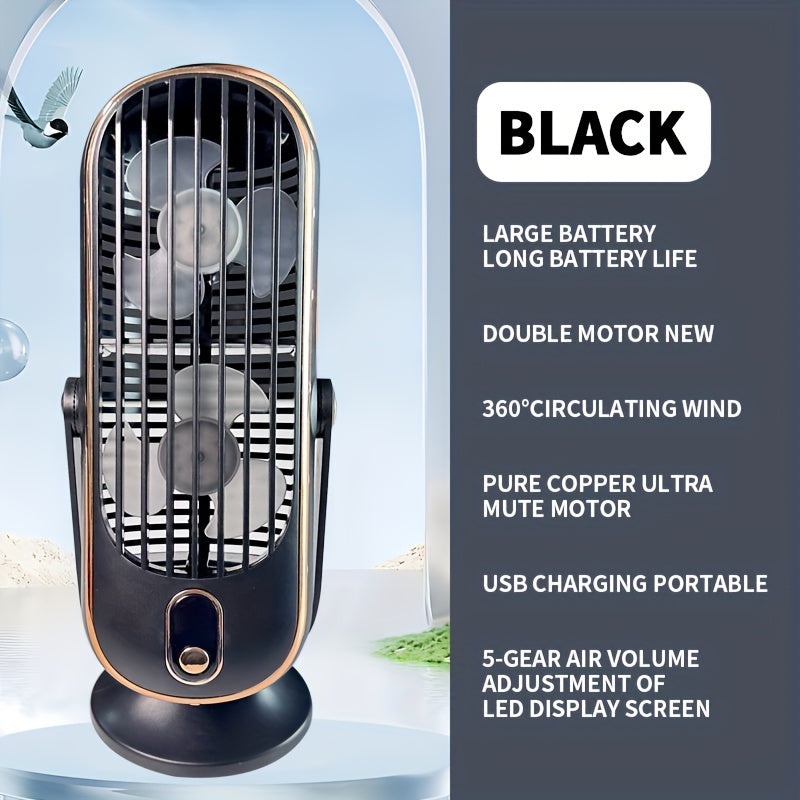 Compact and space-saving design USB rechargeable table fan features a 1200mAh lithium battery. This 5-speed portable desk fan is suitable for home office, bedroom, indoor and outdoor use. It comes with button control and power cord for convenience.