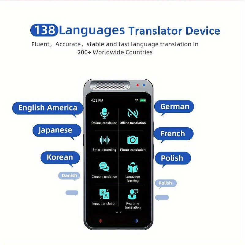 LERANDA Z6 Language Translator Device with real-time voice translation, 138 languages, Wi-Fi enabled, battery-powered with 1500mAh lithium polymer, type-C charging (charger not included).