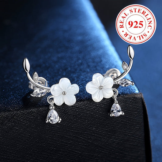 Chic and Allergy-Friendly Plum Blossom Earrings in 925 Sterling Silver with Shimmering Cubic Zirconia Dangles - Exquisite Floral Style, November Birthstone, Ideal Women's Gift, Shell, Lightweight 1.76g/0.062oz