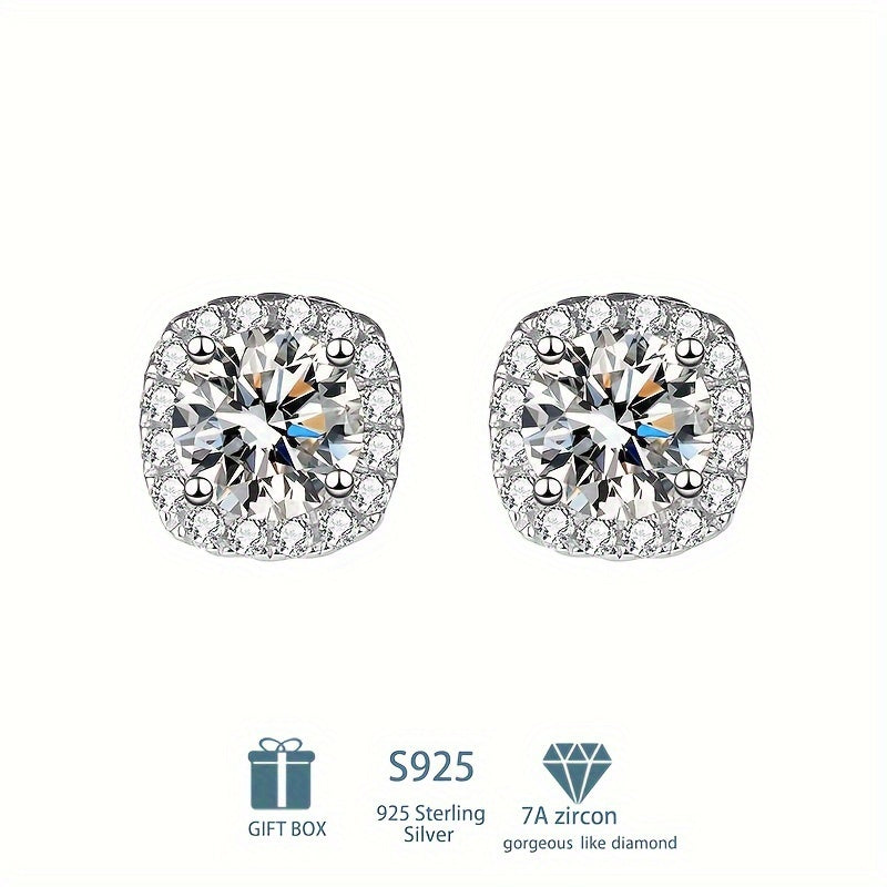 Luxurious and Delicate Bohemian Style Sterling 925 Silver Stud Earrings with Sparkling Square Moissanite Design - Perfect Female Gift