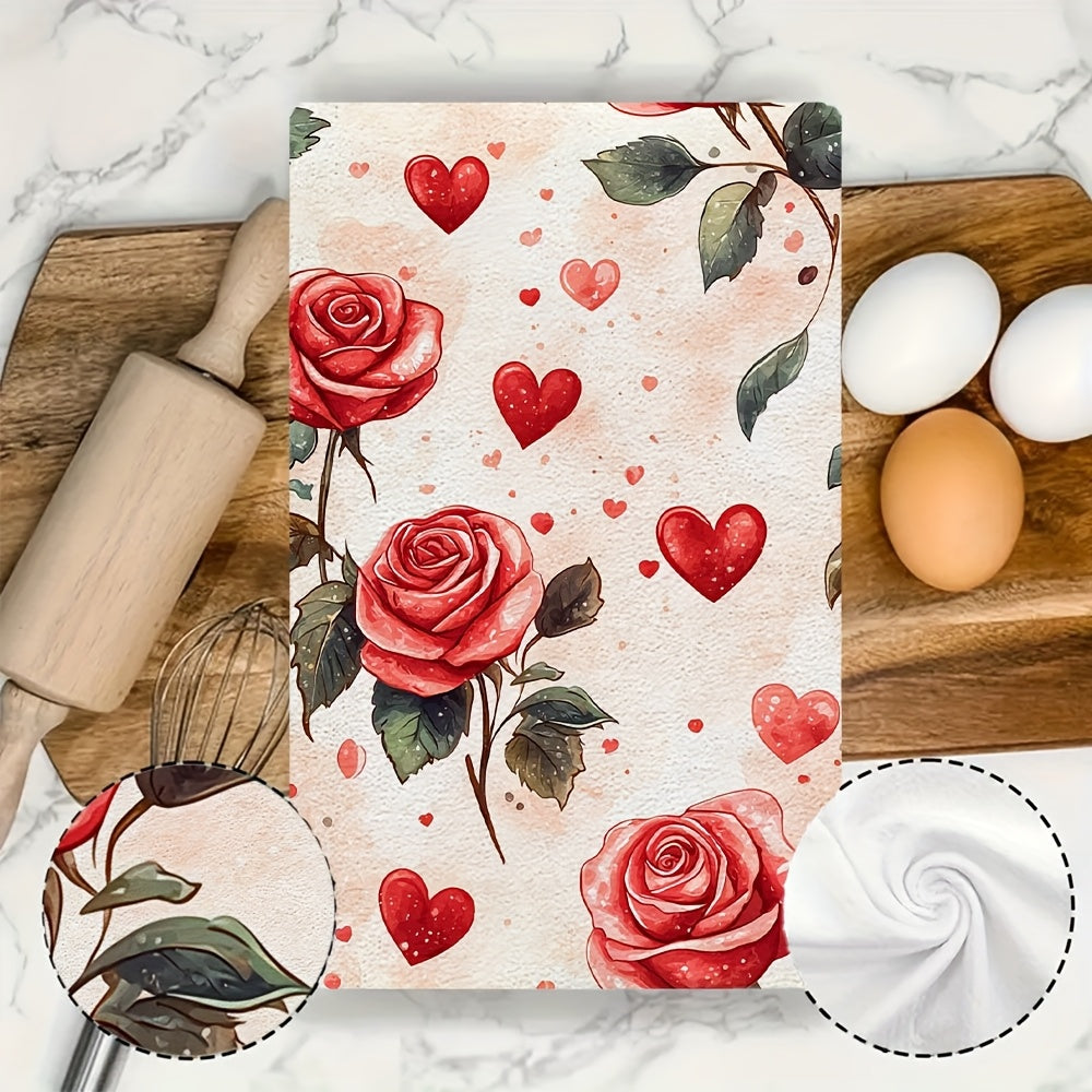 This set includes 2 ultra-soft kitchen towels with a delicate design of roses and hearts, perfect for Valentine's Day. These highly absorbent dish towels are ideal for holiday decoration, machine washable, and measure 40.64x60.96 cm.