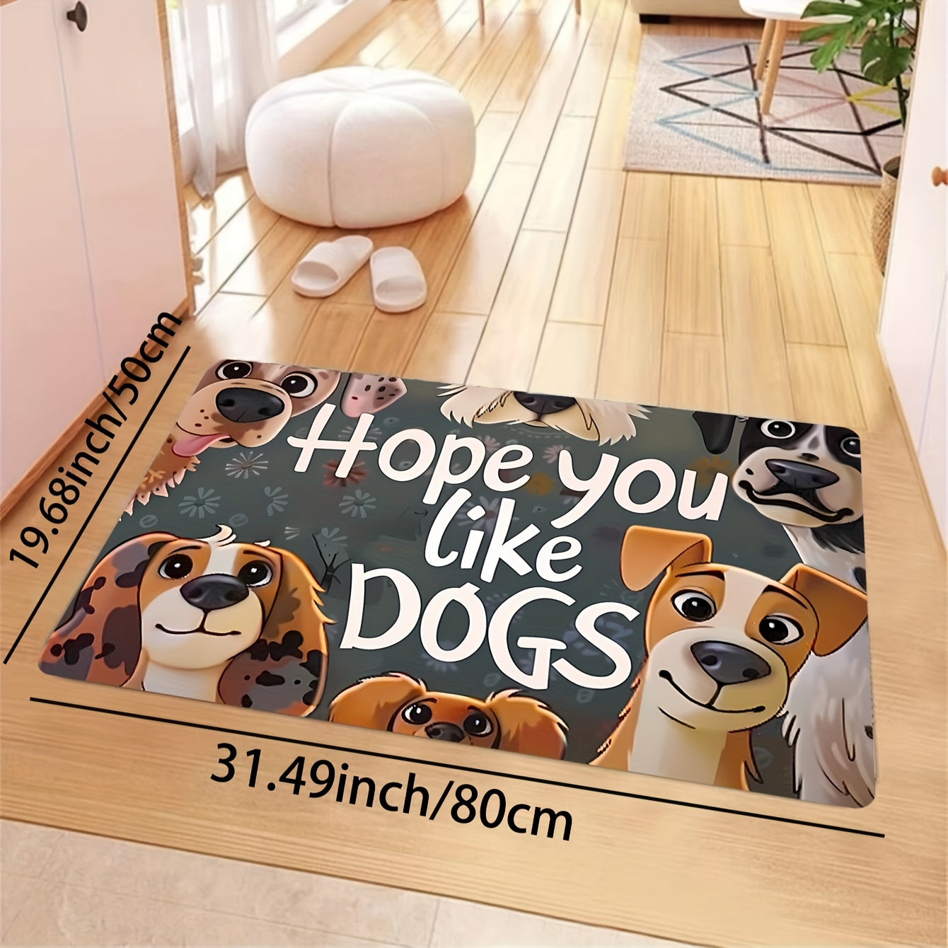 A charming cartoon dog-themed polyester doormat designed for cuteness. This soft and thickened 8mm bath mat is machine washable and features a non-slip design, making it perfect for a kitchen rug, living room carpet, bedroom mat, or indoor entrance floor