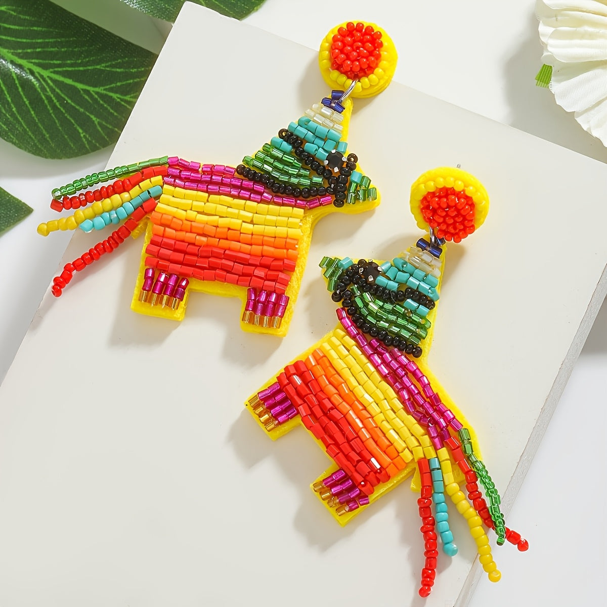 Handcrafted Bohemian Beaded Cactus Hat Earrings with Stainless Steel Posts, Vibrant Plant Design for Women - Ideal for Everyday Wear and Celebrations