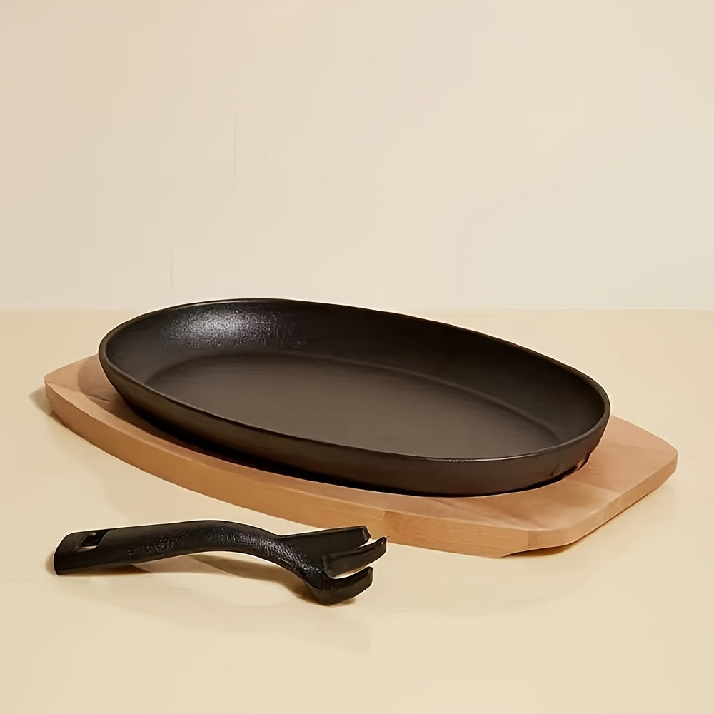 Oval Non-Stick Cast Iron Skillet Set with Wooden Base and Iron Fork for Steak, Griddle Cooking - Uncoated and Thickened for Home Use