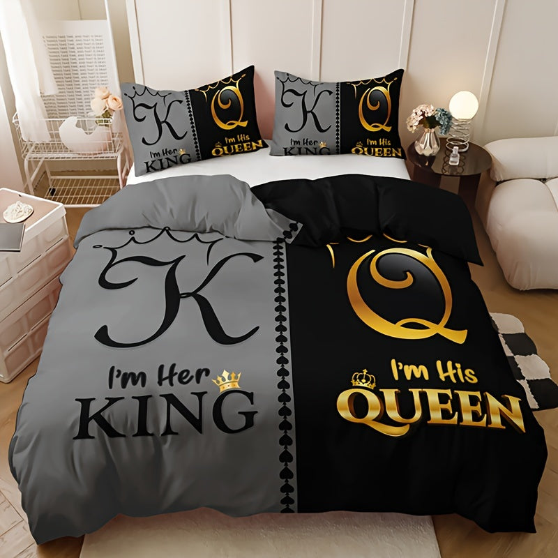 3-piece polyester bedding set with digital print featuring king and queen crown motifs. Includes 1 comforter cover and 2 pillow shams. Machine washable with breathable fabric for all-season comfort. Makes a cozy bedroom accessory and perfect Christmas