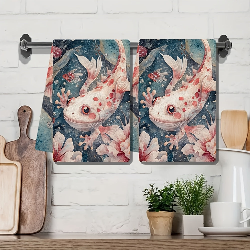 Set of 2 Ultra Soft Kitchen Towels featuring Charming Axolotl & Floral Design - Exceptionally Absorbent, Easy to Clean Dish Hand Towels, 40.64x60.96 cm - Ideal for Enhancing your Holiday Decor, Dishwashing Needs