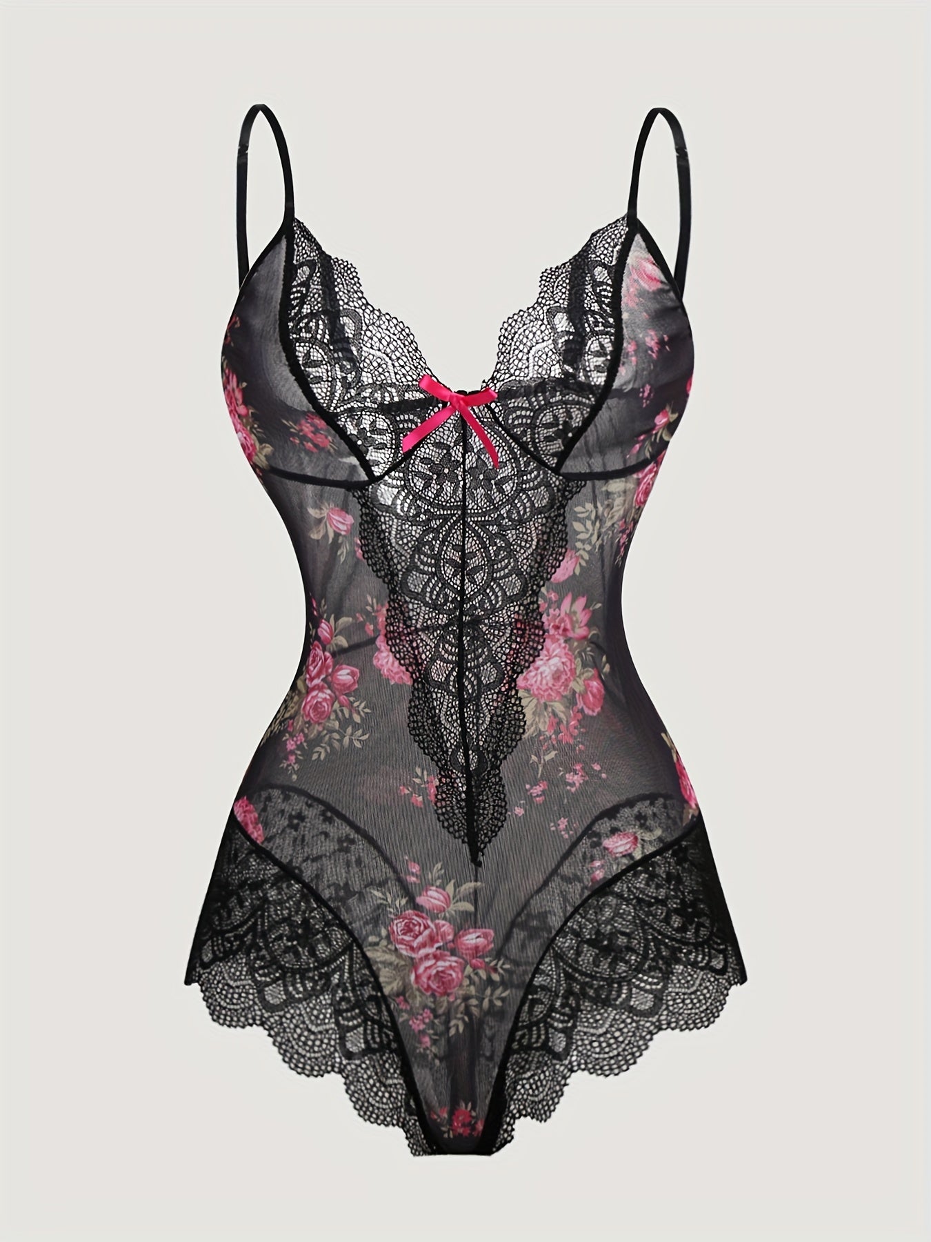 Floral print slip dress with lace bow detailing, sexy and comfortable semi sheer babydoll lingerie for women.