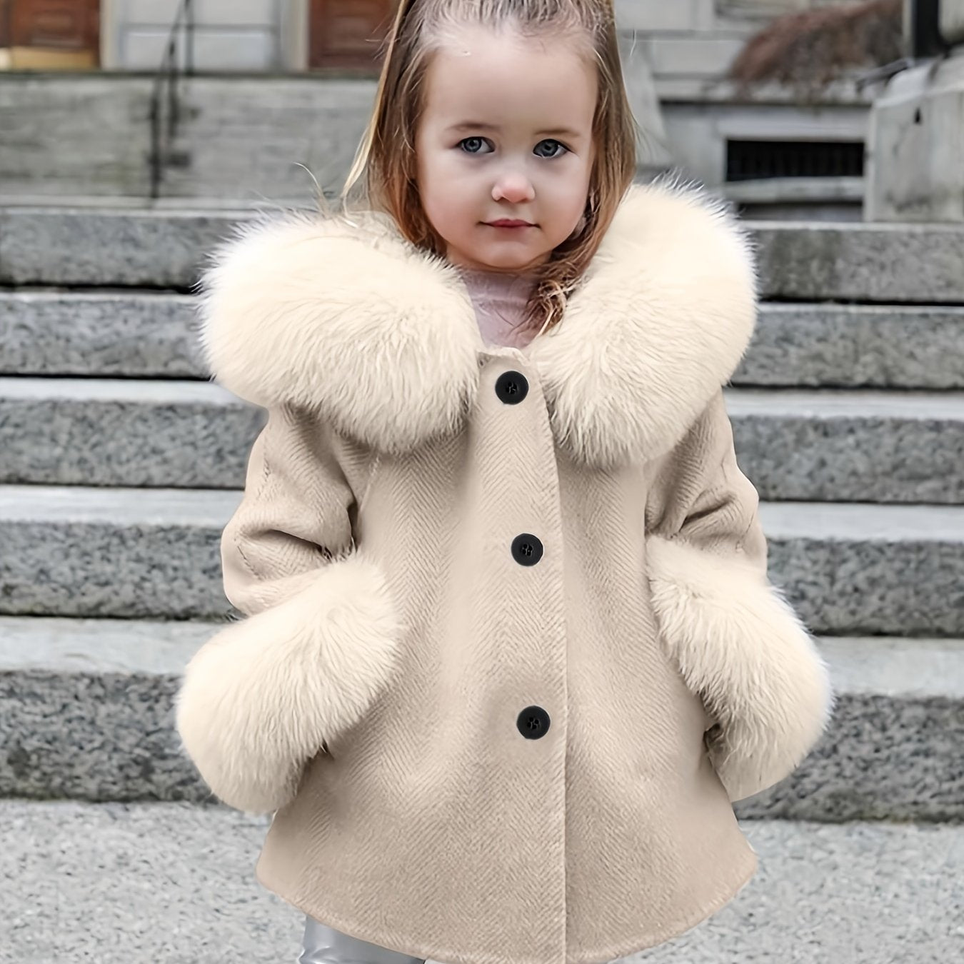 Girls' hooded coat with pockets, thick solid outerwear for fall/winter.