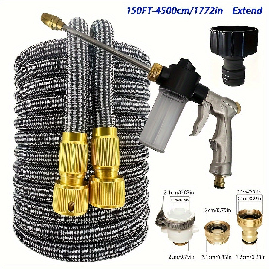 Expandable, high-pressure spray gun hose with adjustable nozzle for efficient car cleaning and garden irrigation. Durable gray and black striped pipe, 15m in length.