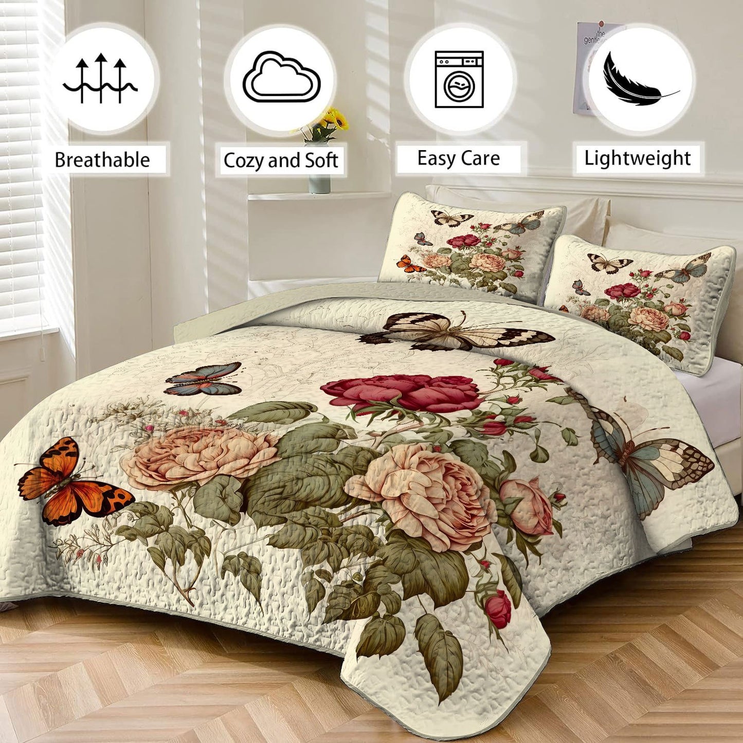 Rose & Butterfly Print Bedding Set - 3pcs Quilt Cover and Pillowcase Combo, Soft Polyester, Machine Washable - Ideal for Bedroom Decor