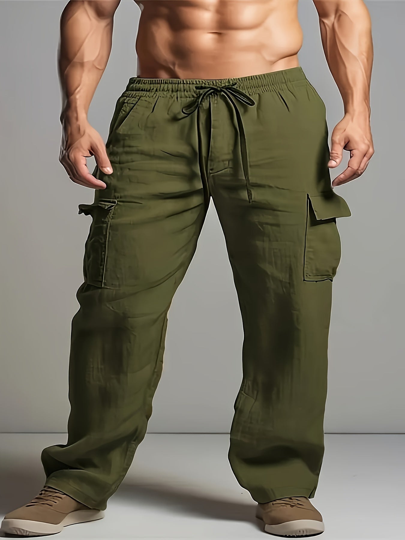 Retro men's cotton and linen drawstring trousers with multiple pockets for outdoor daily wear.