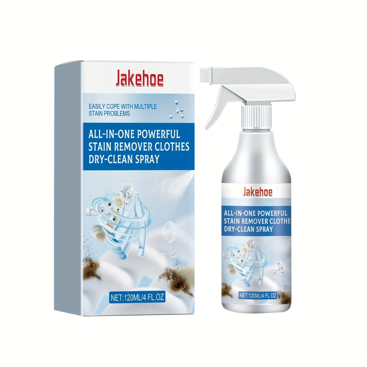 Get the Jakehoe All-in-One Powerful Stain Remover Clothes Dry-Clean Spray! This easy no-rinse solution removes grease and dirt from your clothes, leaving them fresh and stain-free. Perfect for home use, this spray requires no electricity or batteries.