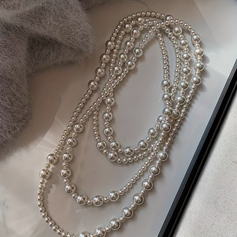 Exquisite Vintage-Inspired Double Layer Faux Pearl Necklace - Elegant Long Sweater Chain for Women, Ideal for Casual Wear