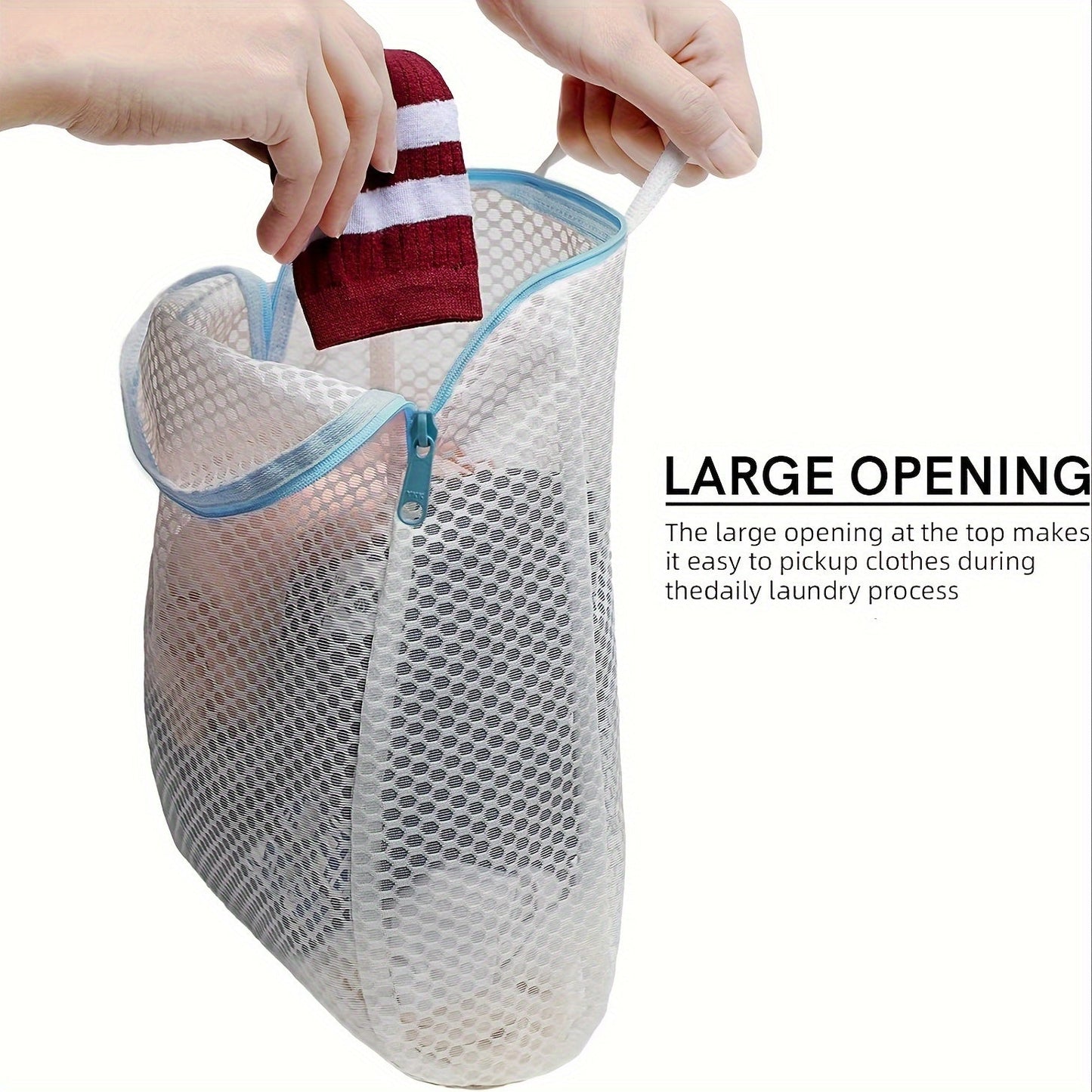 Honeycomb Mesh Laundry Bags, Set of 2 with Blue Handles - Size 30.48x20.32 cm. Made from Durable Polyester, perfect for washing delicate items such as socks, lingerie, and travel garments. Features a Zippered Non-Woven Fabric for easy machine washing. A